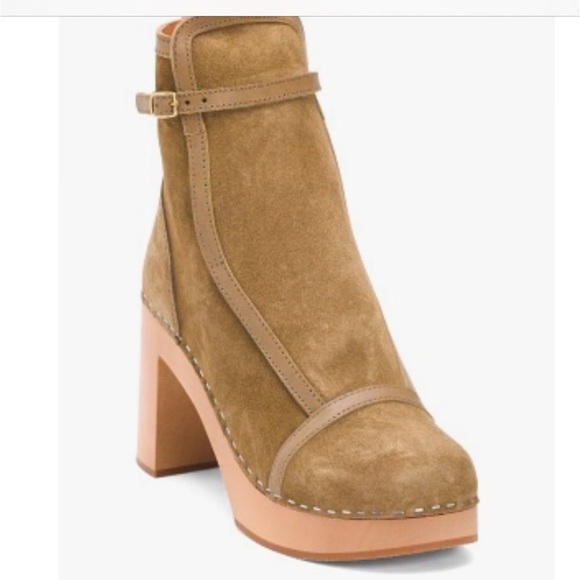Swedish Hasbeens NWT Tan Suede Sophisticated Jodhpur Booties Clog Boot FUN!!! 🌈 - Picture 2 of 12